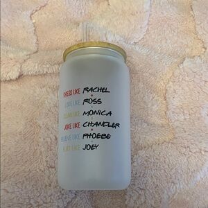 Friends Themed Frosted Glass Tumbler with Straw - Gold Lid